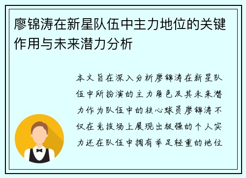 廖锦涛在新星队伍中主力地位的关键作用与未来潜力分析