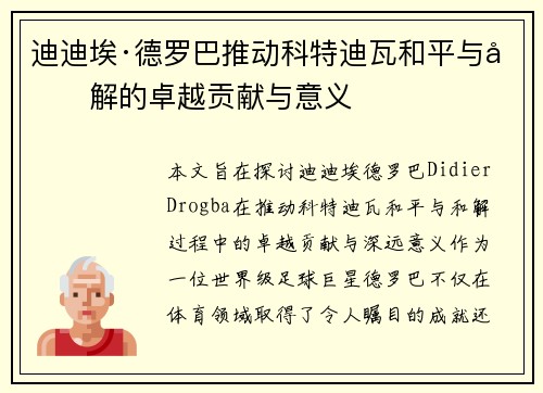 迪迪埃·德罗巴推动科特迪瓦和平与和解的卓越贡献与意义